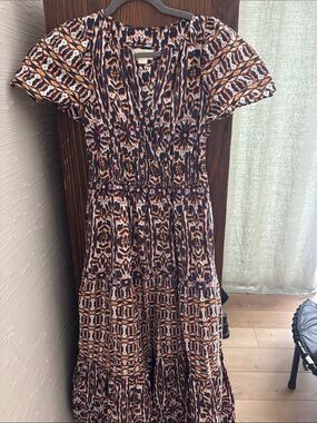 Iconic Anthro Somerset Printed Maxi Dress in Navy, Cream & Rust
